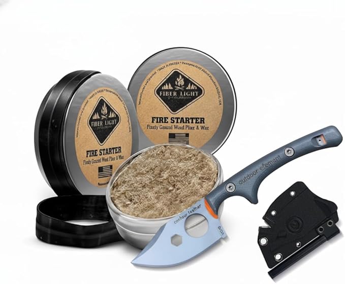 OUTDOOR ELEMENT Contour Feather Survival Knife + Natural Fire Starter Kit – VG10 Steel Fixed Blade with Ferro Rod, Hex Driver, Whistle & Waterproof Tinder Tin – Ultimate Camping & Survival Gear Set