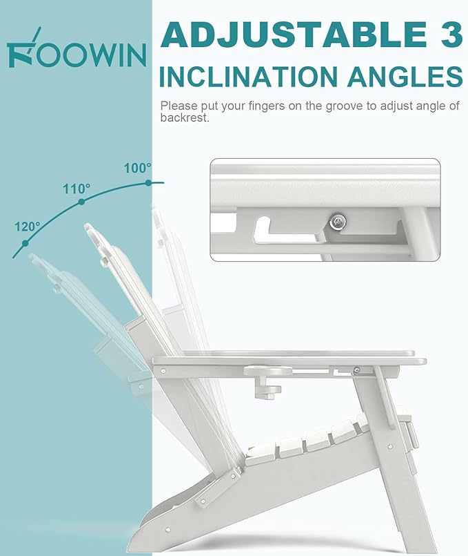 FOOWIN Adjustable Adirondack Chair Set of 2, Folding Adirondack Chair with Cup Holder, HDPE All-Weather Fire Pit Chair with 3 Recline Positions, Suitable for Patio, Garden, Backyard, Poolside, White