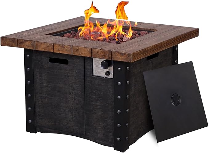 Afterglow Outdoor TerraFab Propane Fire Pit Table for Outside Patio Backyard Garden, Firepit Table with Weather Cover and Lava Rocks，50000 BTU，34.5”X34.5”X23.8”H, Black, CSA Certificated