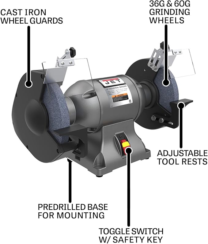 JET 10-Inch Industrial Bench Grinder, 1800 RPM, 1-1/2 HP, 115V 1Ph (Model IBG-10)