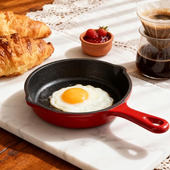 Commercial Grade, Cast Iron Enameled Cookware (Dark Red, Skillet 5“)