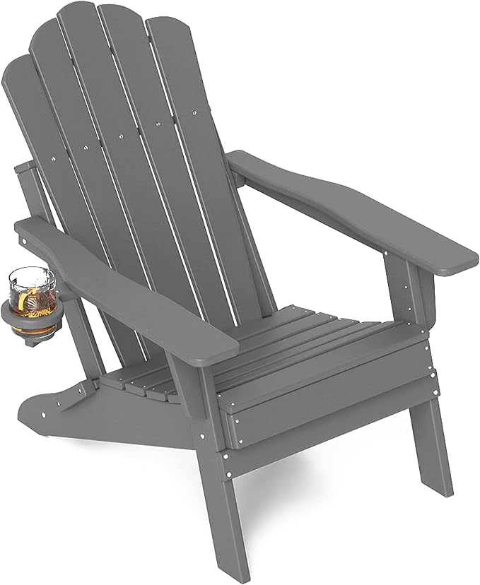 FOOWIN Adjustable Adirondack Chair, Folding Adirondack Chair with Cup Holder, HDPE All-Weather Fire Pit Chair with 3 Recline Positions, Suitable for Patio, Garden, Backyard, Poolside, Grey