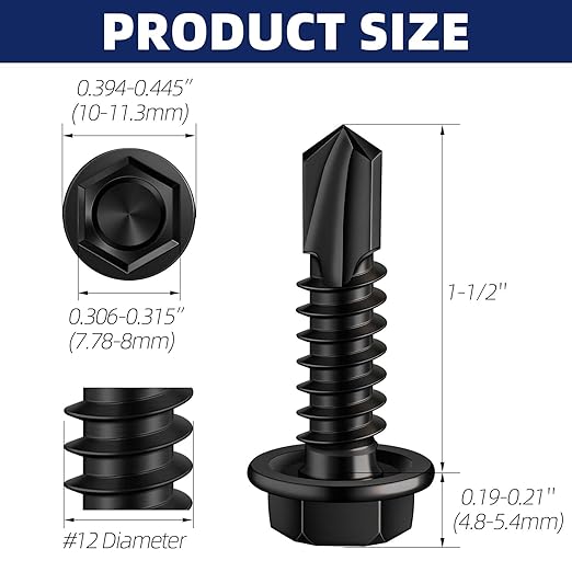 MewuDecor #12 x 1-1/2" (5/8" to 3" Available) Hex Washer Head Self Drilling Sheet Metal Screws with Drill Point, Stainless Steel 410, Black Oxide, 50 PCS
