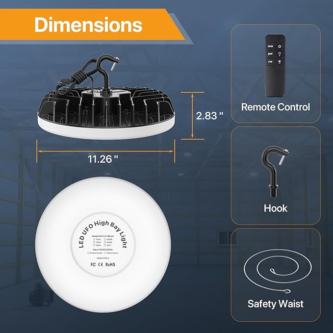 LED Shop Lights 150W - 18000LM UFO LED High Bay Light with 3 CCT Adjustable, 10%-100% Dimmable Remote Control IP65 Waterproof Garage Lighting for Workshop, 4 Packs