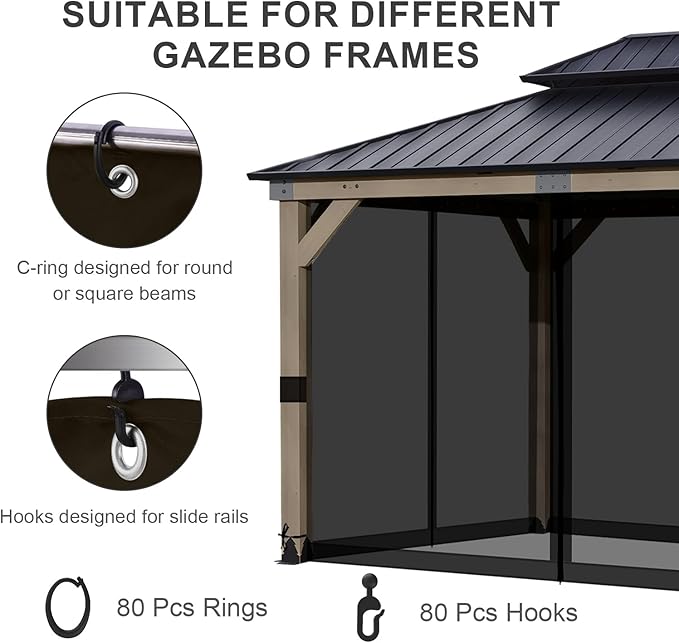 BPS 12' x 14' Gazebo Universal Mosquito Netting Screen Replacement, 4-Panel Screen Walls with Double Zippers for Outdoor Patio, Black (Mosquito Net Only)