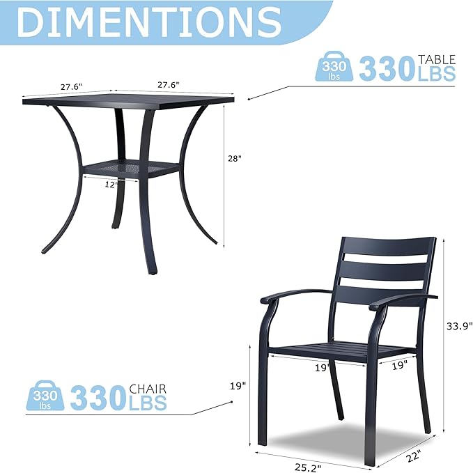 3 Piece Outdoor Dining Set, Patio Dining Set for 2, 27.6" Metal Square Table with 2 Black Metal Outdoor Dining Chairs with Armrest for Lawn, Garden, or Porch