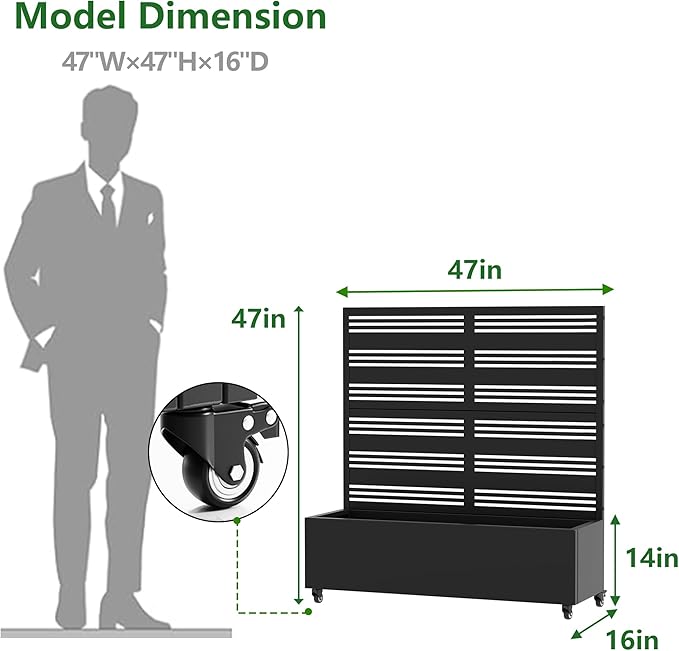 Casaphoria Raised Garden Bed Metal Planter Box with Trellis, 47"x47"x16" for Outdoor Climbing Plants, Flowers Vegetables and Vines Privacy Screen with Wheels and Drainage Holes(Black Louvered)
