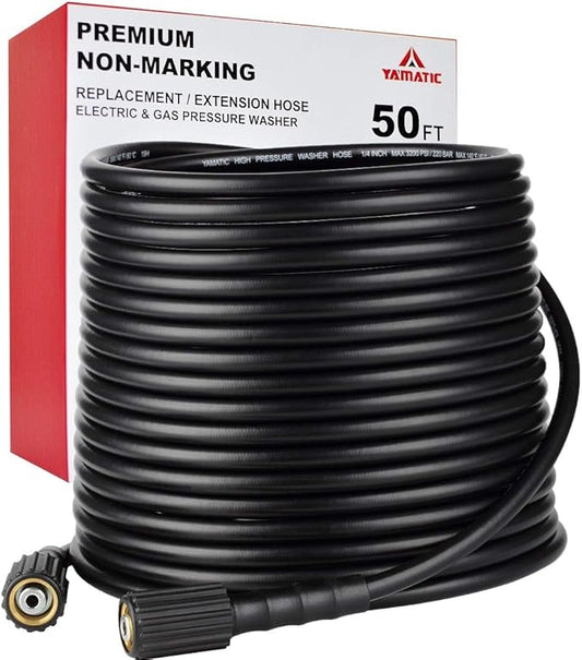 YAMATIC Pressure Washer Hose 50FT 1/4" ID, Standard (2) M22 Brass Fittings, 3200 PSI Kink-Resistant Replacement for Ryobi, Troy Bilt, Greenworks, CRAFTSMAN M22 Threads Power Washers