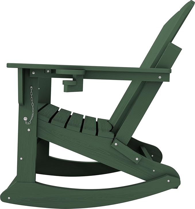 KINGYES Adirondack Rocking Chair Set of 4 with Retractable Ottoman and Cup Holders, HDPE Adirondack Rocker Patio Rocking Chair for Porch, Patio, Balcony, Green