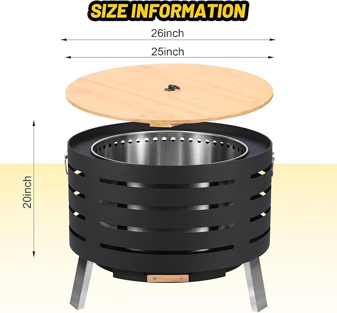 26" Smokeless Fire Pit with 360° Airflow, Dual-Burn Technology & Removable Ash Pan – Low-Smoke Outdoor Fire Bowl with Rust-Resistant 304 Stainless Steel for Patio, Yard & Camp