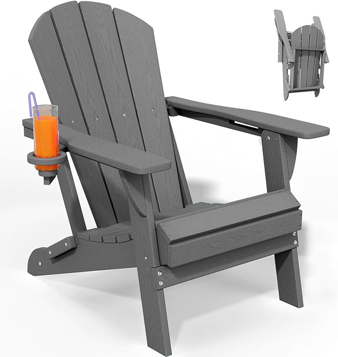 Folding Adirondack Chair, HDPE All-Weather Patio Chairs for Outdoor, Patio, Lawn, Garden, Backyard Deck, Fire Pit - Gray