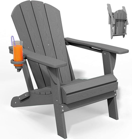 Folding Adirondack Chair, HDPE All-Weather Patio Chairs for Outdoor, Patio, Lawn, Garden, Backyard Deck, Fire Pit - Gray