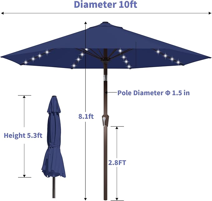 Kingdura 10FT Outdoor Patio Umbrella with Solar Lights, Market Table Umbrella with Push Button Tilt & Crank, 8 Sturdy Ribs, 32 LED Lights, UV Protection for Garden Lawn Deck Backyard Pool (Navy blue)