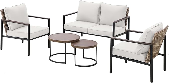COOS BAY Sand Dune 5 Piece Wicker Patio Furniture Set, Rattan Outdoor Furniture with Nesting Tables, Chairs, Loveseat, and Coffee Tables, Brown/Beige