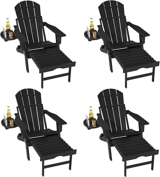 FOOWIN Folding Adjustable Adirondack Chair with Retractable Ottoman Set of 4,HDPE Adirondack Chair w/4 in 1 Cup Holder Trays,All-Weather Resistant Fire Pit Chair for Outdoor Patio Lawn, Black