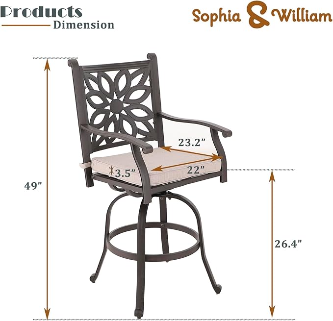 Sophia & William 3 Pieces Cast Aluminum Patio Bar Set, Square Outdoor Bar Table and 2 Swivel Bar Counter Height Chairs Set, Modern Patio Pub Bistro Set with Outdoor Stools
