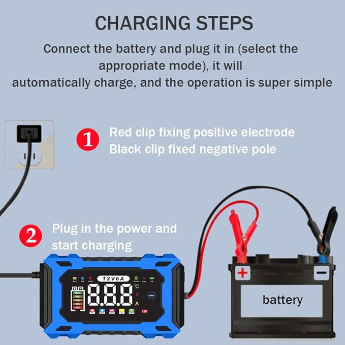 12V 6A Smart Battery Charger - Automotive Car/Motorcycle 12V Lead-Acid Battery Charger with LCD, Pulse Repair & Overcharge Protection