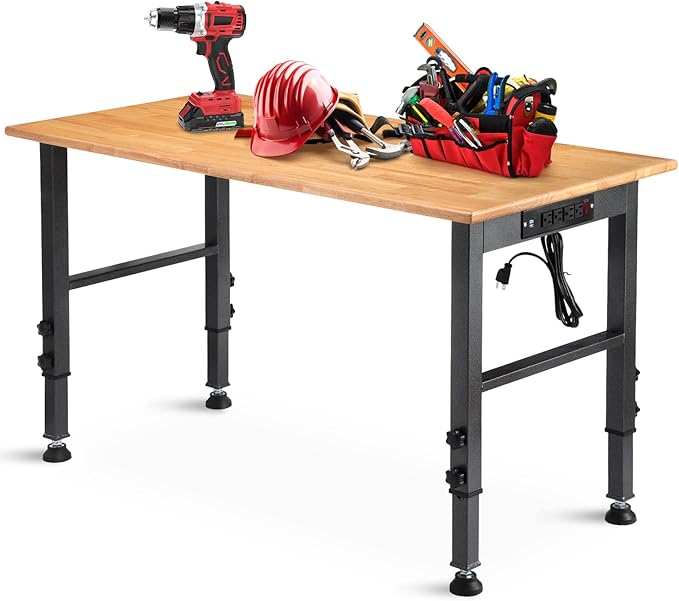 48 "Adjustable Workbench with Power Outlet, Heavy Duty 2000 LBS Load Capacity Hardwood Workbench Suitable for Workshop, Office, Garage, Home