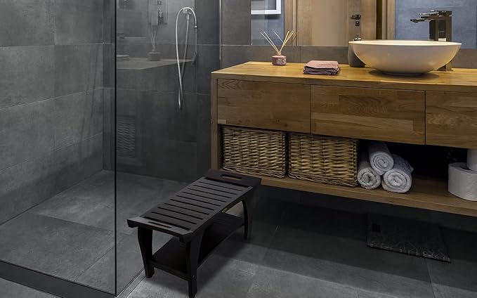 DecoTeak Tranquiity 30 Inch Brown Waterproof Teak Wood Shower Bench Stool Seat Chair for Inside Shower Provides Safety, Storage, and Organization for Bathroom Accessories