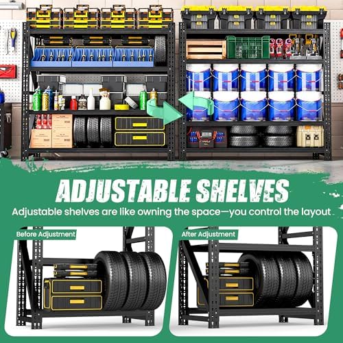 4-Tier Heavy Duty Garage Shelving,Industrial Shelving for Low Ceilings,Garage Storage Racks Heavy Duty Steel Shelves,Compact Metal Rack for Basements,Garages with Ductwork,Apartments