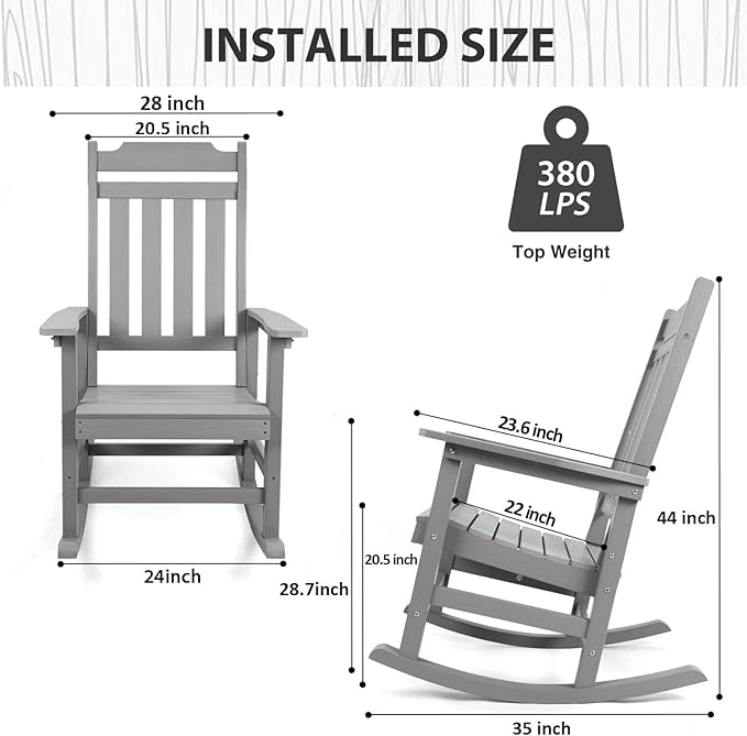 Rocking Chairs Set of 4, All Weather Resistant Poly Lumber Outdoor Porch Rocker, Rocking Chairs for Outdoor, Indoor, Patio, Deck, Garden, Backyard, Load Bearing 380 lbs - Grey