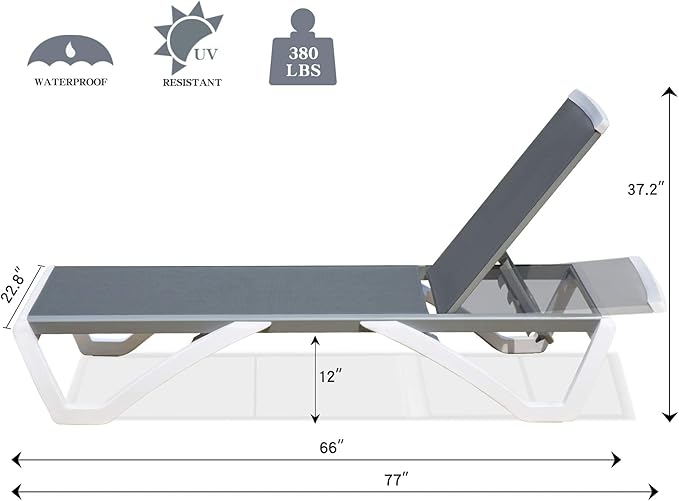 Domi Pool Lounge Chair Aluminum Adjustable Outdoor Chaise Lounge,All Weather Plastic Poolside Lounge Chair for Deck Lawn Backyard, Gray Textilene