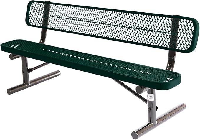 COATEDOUTDOORFURNITURE Heavy-Duty Portable Outdoor Bench Thermoplastic Coated, Expanded Metal, Commercial-Grade Seating, Made in America (Portable with Back, 6 Ft, Textured Dark Green)