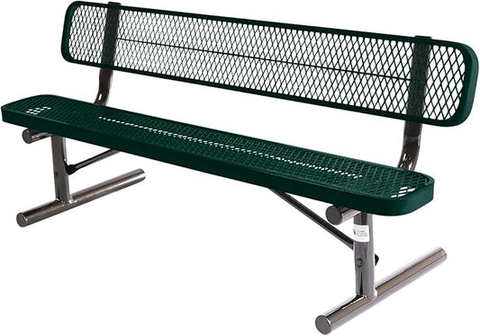 COATEDOUTDOORFURNITURE Heavy-Duty Portable Outdoor Bench Thermoplastic Coated, Expanded Metal, Commercial-Grade Seating, Made in America (Portable with Back, 6 Ft, Textured Dark Green)
