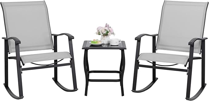 Shintenchi 3 Piece Rocking Bistro Set, Outdoor Furniture with Rocker Chairs and Glass Coffee Table Set of 3, Balcony, Porch Furniture for Small Space, Light Gray