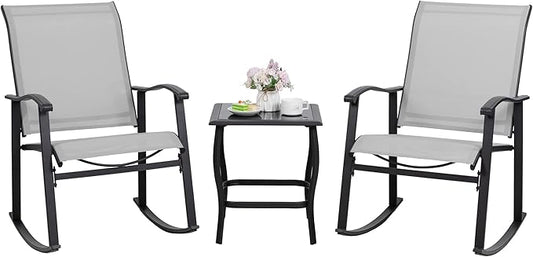 Shintenchi 3 Piece Rocking Bistro Set, Outdoor Furniture with Rocker Chairs and Glass Coffee Table Set of 3, Balcony, Porch Furniture for Small Space, Light Gray