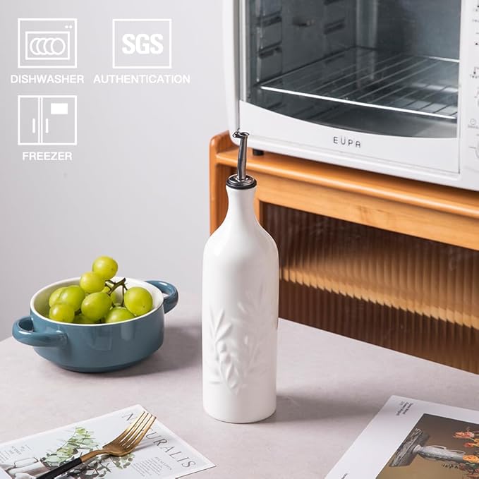 Sweejar Large Ceramic Olive Oil Dispenser Bottle, 24 Oz, Relief, Set of 1 (White)
