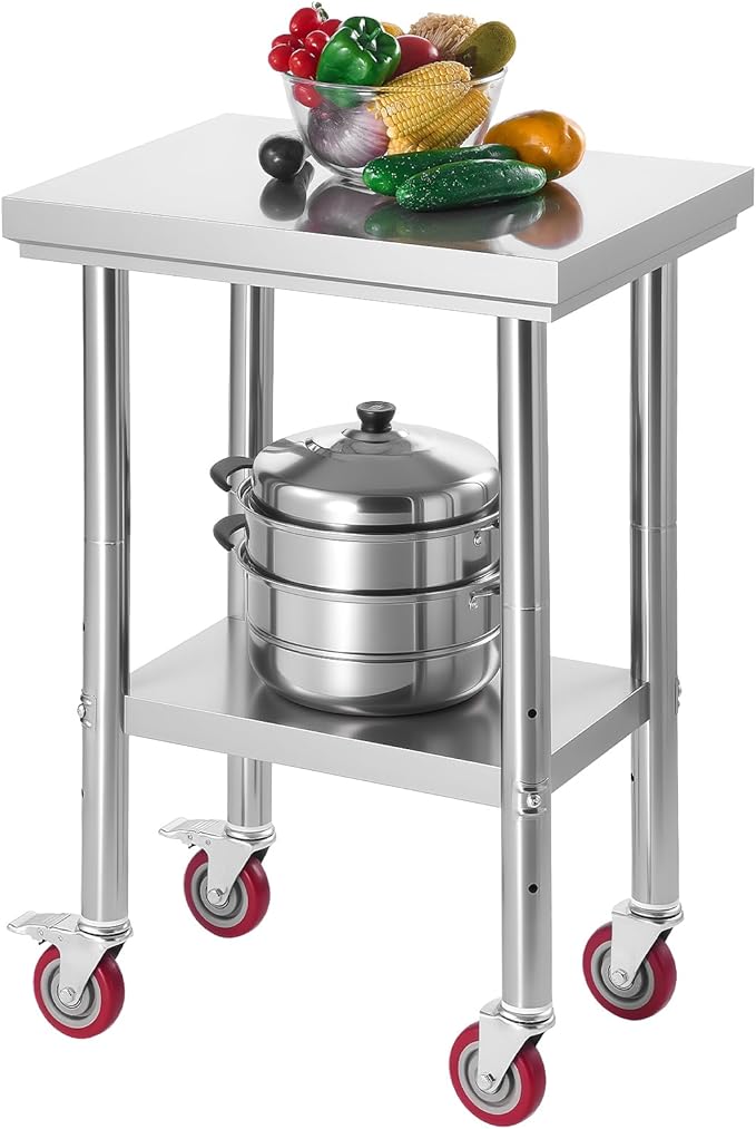 VEVOR Stainless Steel Table, 24 x 18 Inches Food Prep Worktable with Wheels, Kitchen Prep Table with Adjustable Undershelf Workstations for Commercial Kitchen, Restaurant, Hotel and Garage, Outdoor
