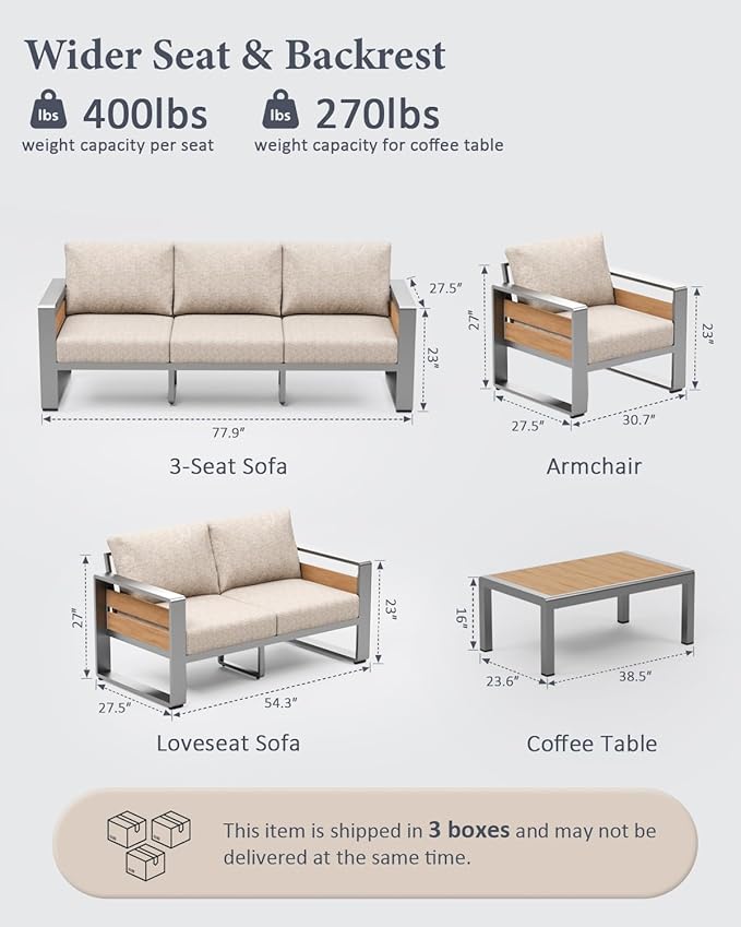 ZANDOR Aluminum Outdoor Patio Furniture - 1 Pcs 3-Seat and Coffee Table, All-Weather Metal Modern Outside Furniture with Washable Thick Cushion for Garden/Backyard/Porch, Silver