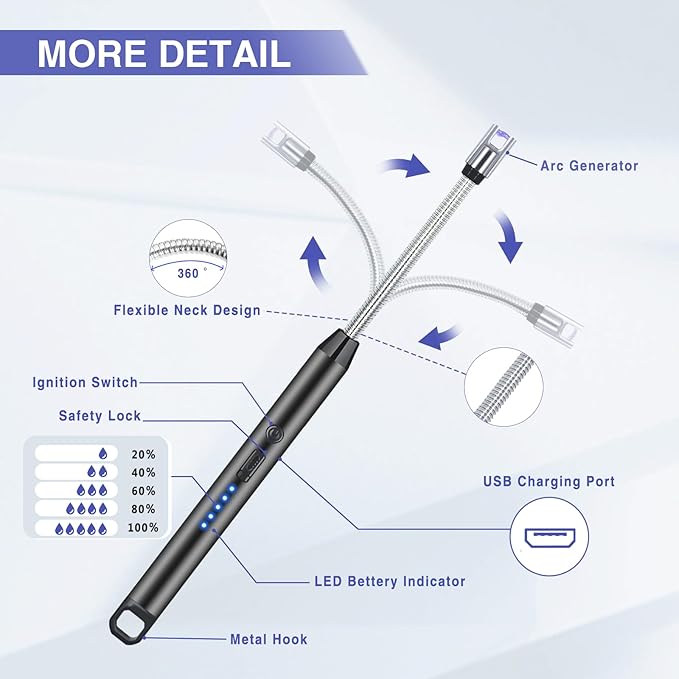 2 PCS Candle Lighter, Electric Lighter Arc Windproof Flameless with 360° Flexible Neck & LED Power Display, Lighters for Candle for BBQ, Grill, Camping, Fireplace, Stove