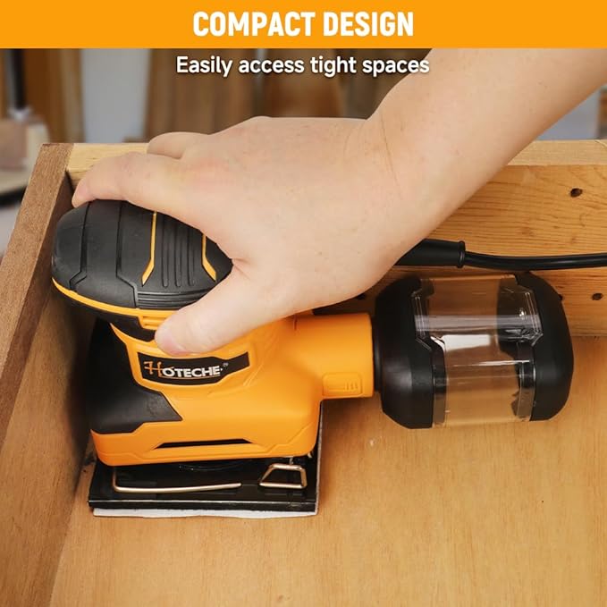 Hoteche 240W 110x100mm Palm Sander – Powerful Orbital Electric Sander with Dust Collection Box, Ergonomic Grip, Variable Speed for Wood, Metal, Paint Surface Finishing