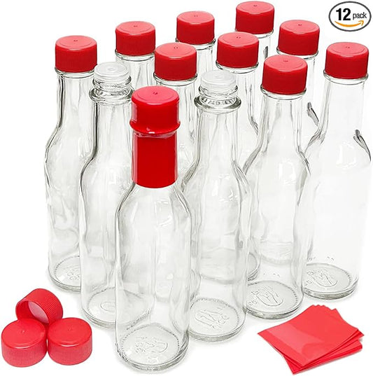 nicebottles Hot Sauce Bottles with Red Caps & Shrink Bands, 5 Oz - 12 Pack