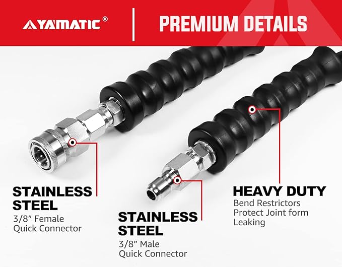 YAMATIC 5000PSI 3/8" Pressure Washer Hose 125FT with Stainless Steel Quick Connector, Rubber Power Washer Replacement Hose, Steel Wire Braided, Compatible with Simpson, Craftsman, Champion