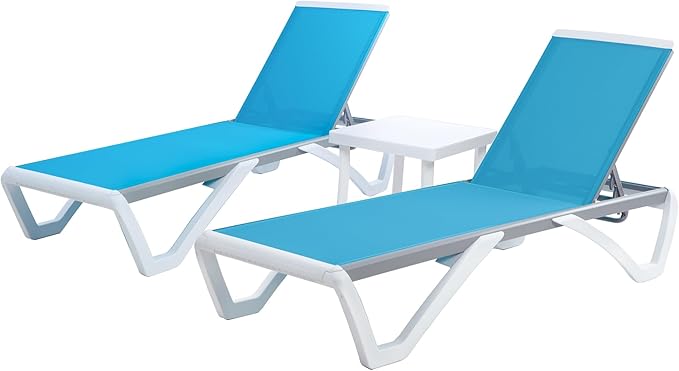 Kozyard Patio Chaise Lounge Chair - Full Flat Alumium & Resin Legs, Outdoor Reclining Adjustable Chair for Sunbathing, Beach, Patio, Lounge Set or Patio Table (Two Aqua Chaises W/Table)