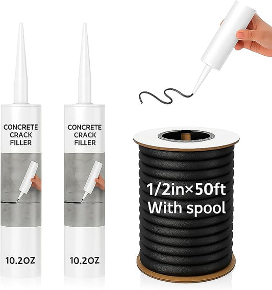 Backer Rod Concrete Crack Filler Set 1/2inchx50ft Foam Backer Rod with 2 Pcs 10.2 oz Self-Leveling Sealant, Waterproof, Weather Resistant for Gap Concrete Crack Fi Ller Cement Repair(Black)