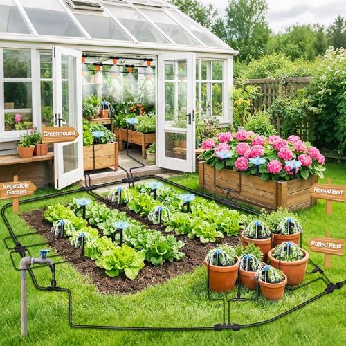 MIXC 300FT Drip Irrigation System Kit, Automatic Garden Misting Watering System with 100FT 1/2" & 200FT 1/4" Irrigation Tubing, Fitting, Adjustable Emitter for Greenhouse Lawn Raised Bed Potted Plant