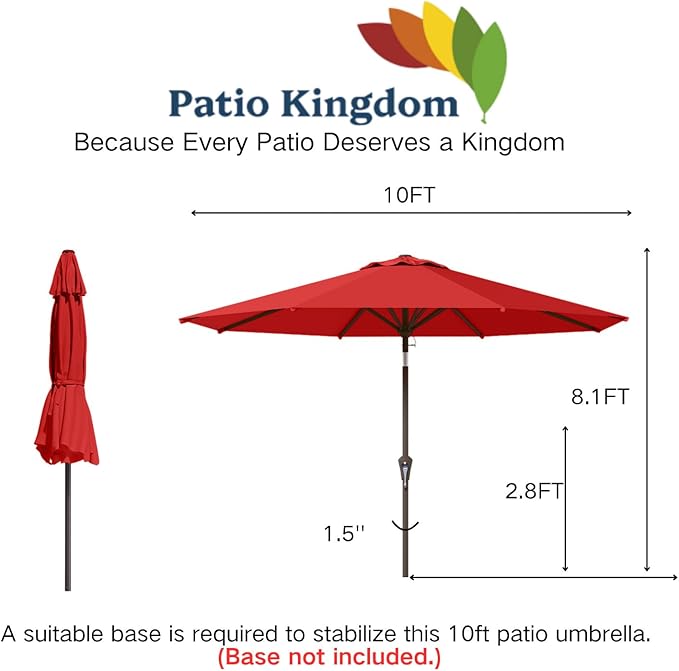 10FT Patio Umbrella Outdoor Market Umbrella with Crank and Tilt, 8 Flexible Fiberglass Ribs, UV-Resistant Waterproof Canopy for Patio, Deck, Garden, Backyard, Red