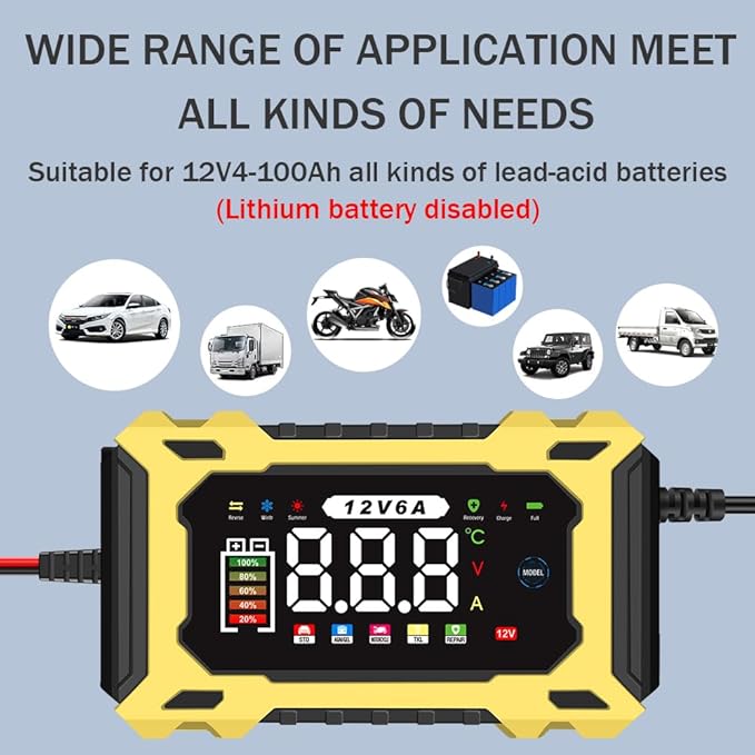12V 6A Smart Battery Charger - Automotive Car/Motorcycle 12V Lead-Acid Battery Charger with LCD, Pulse Repair & Overcharge Protection
