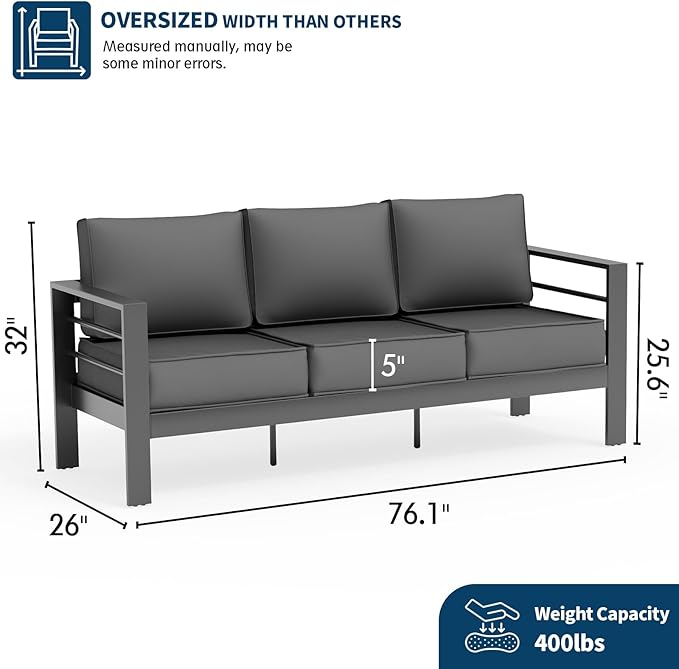 UDPATIO Outdoor Sofa 3-Seat Aluminum Outdoor Furniture with 5" Thick Cushion and Waterproof Cover