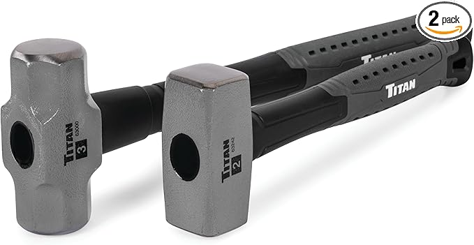 Titan 63372 2-Piece Drilling Hammer and Sledge Hammer Set, Includes 2lb Club and 3lb Sledgehammer, Forged Steel Heads, Shock Absorbing Fiberglass Handles with Textured Grip