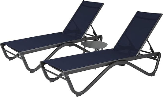 Kozyard Patio Chaise Lounge Chair Set Full Alumium Outdoor Reclining Adjustable Chair Flat Poolside Lounge Chairs for Sunbathing, Patio, Beach 2NavyBlue Textilene W/Table