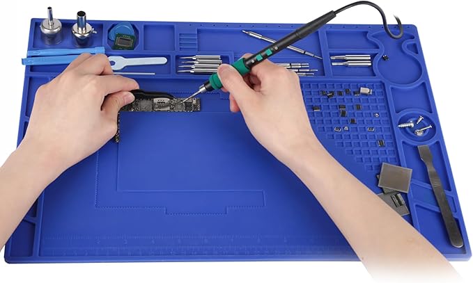 YIHUA M170 Heat-resistant Soldering Mat with Multiple Storage Slots, Built-in Ruler, Magnetic Zones, PCB Slot, Bendable Soft Silicone Soldering Mat, Dimensions 17.32*12.20*0.24 inches (440*310*6mm)