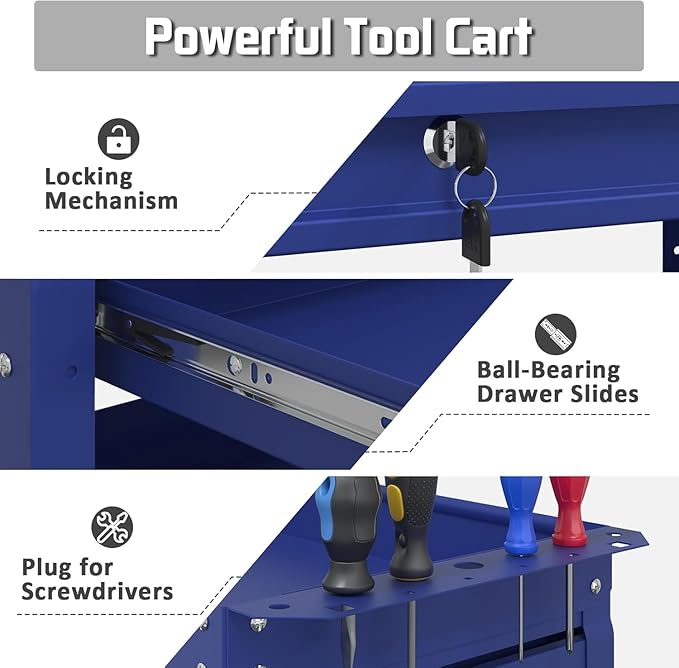 3 Tray Rolling Tool Cart, 400 LBS Capacity Mechanic Tool Carts on Wheels, Heavy Duty Utility Cart with Drawers, Metal Work Cart for Garage, Warehouse and Repair Shop, Blue