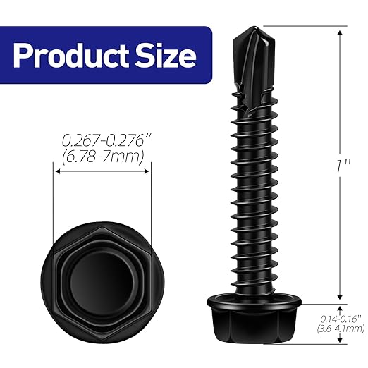 #8 x 1 Hex Washer Head Self Tapping Screws, TEK Screws, Self Drilling, Stainless Steel 410 Sheet Metal Screws, Black Finish, 100 PCS
