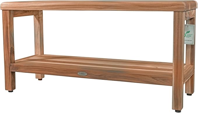 EcoDecors Teak Shower Bench with Large Storage Shelf 36", 300 lb Capacity – Waterproof Bathroom Seat with Non-Slip Feet, Elegant Natural Teak Finish, Ideal for Adults, Seniors, & Spa-Style Bathrooms