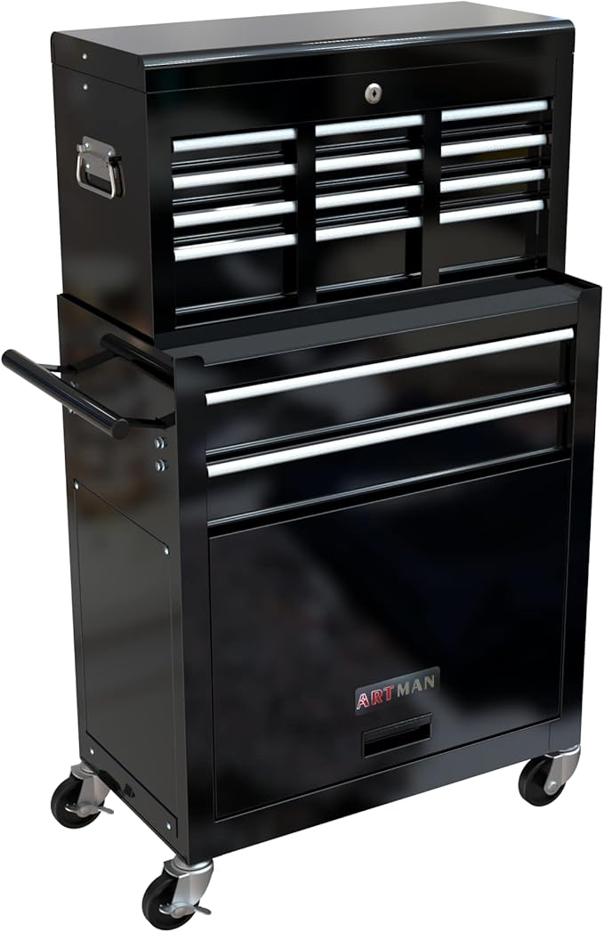 8 Drawers Rolling Tool Box Organizer,High Capacity Tool Chest with Wheels,Lockable Rolling Tool Chest with Bottom Cabinet, Tool Box Rolling Workshop Storage Cabinet (8 Drawers(Black))